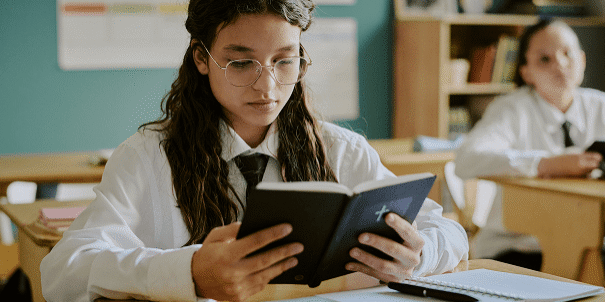 Girl studying at school desk